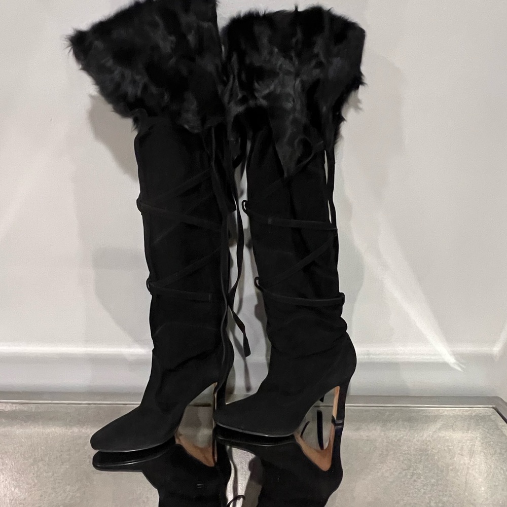 MANOLO BLAHNIK SZ 36 BLK SUEDE + FUR BOOTS - VINTAGE